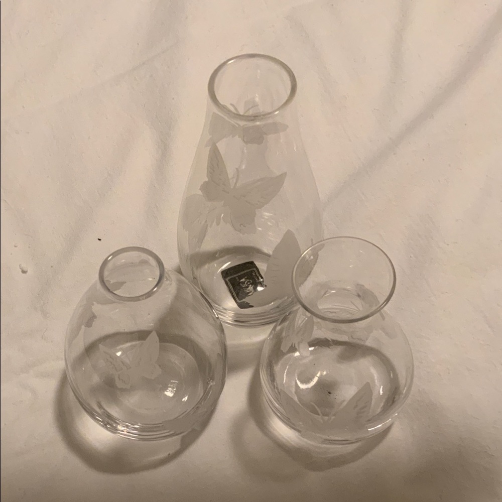MIKASA 3 glass vase set with butterfly design. 3 different shapes. New.